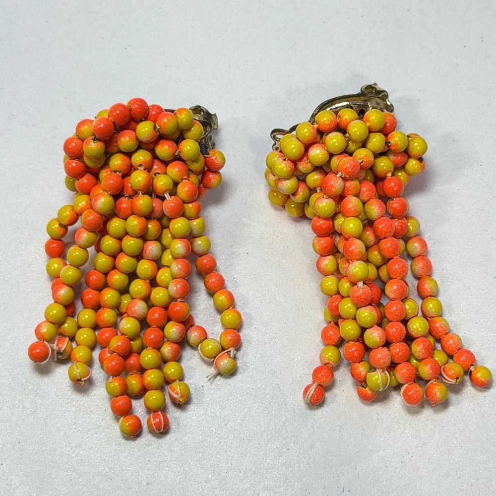 Vintage Japan Citrus Orange Yellow Cha Cha Bead Clip-On Tassel Fringe  Earring